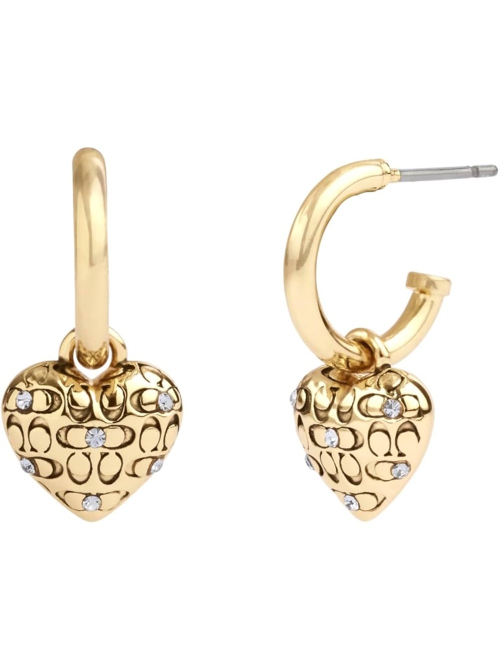 Coach Gold Heart Huggie Earrings with Crystal Accents - New